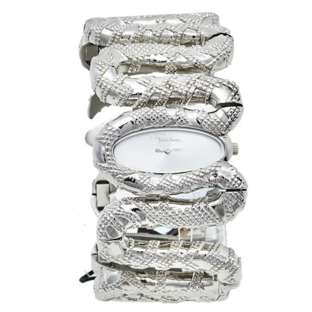 New $640 Roberto Cavalli Cleopatra Women's Analog Silver Tone Snake Watch